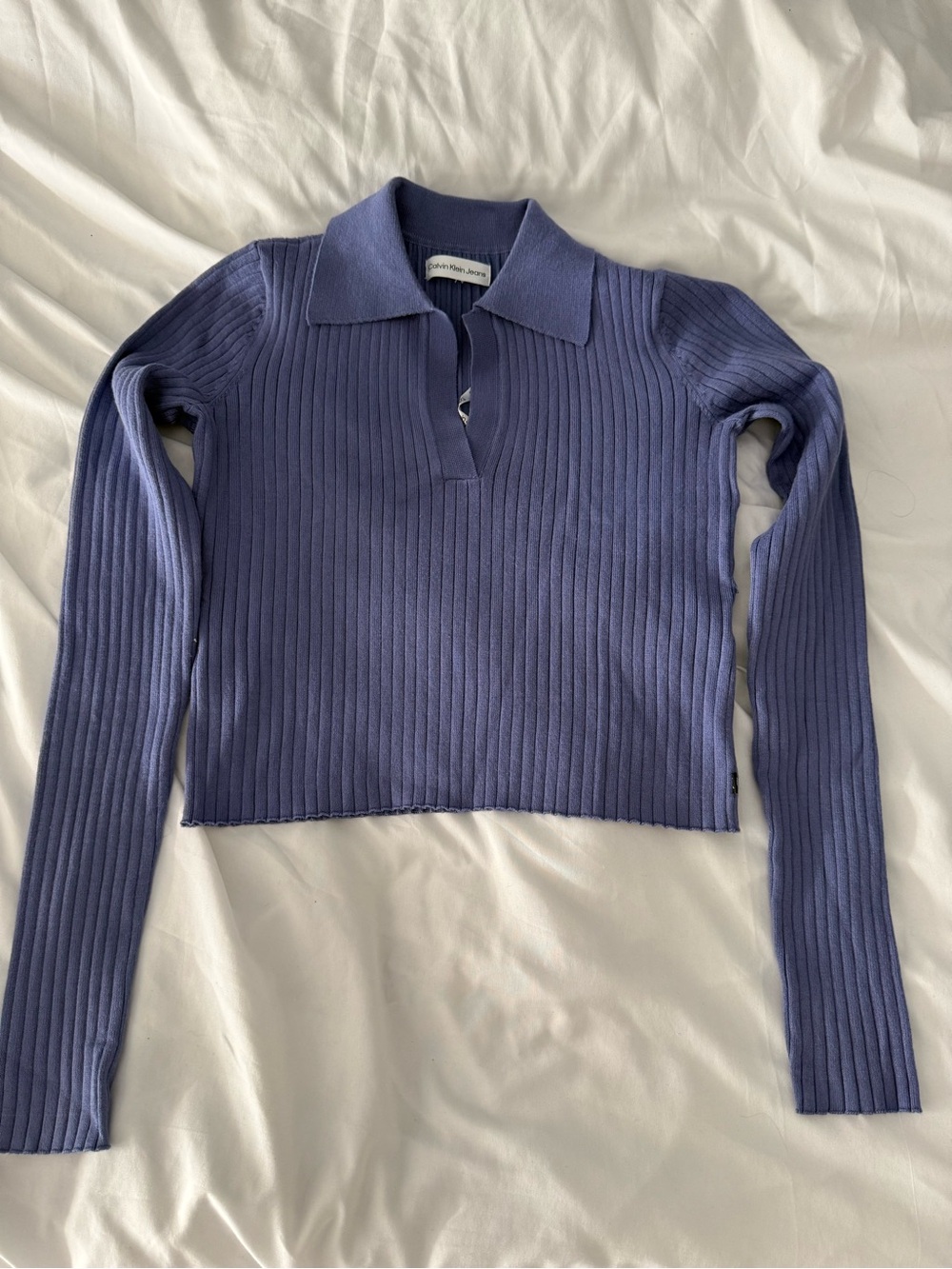 Collared Rib Knit Long-Sleeve Top in Periwinkle